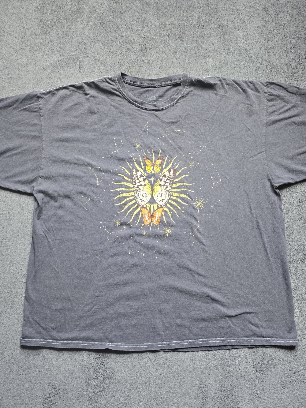 Gray Graphic Tee with Sun and Butterflies